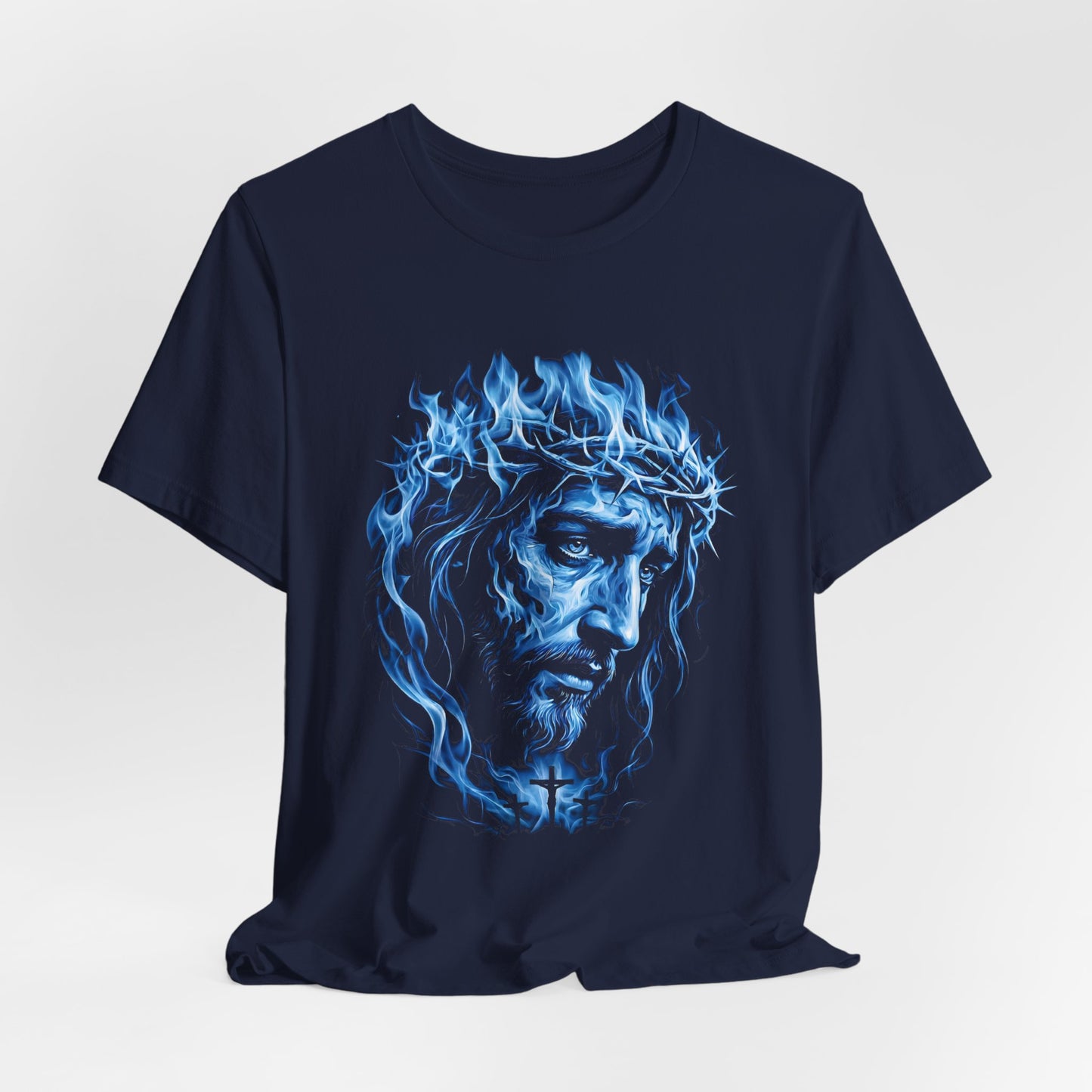 Jesus Portrait T-Shirt — Blue Flame Crown of Thorns | Christian Gift UK