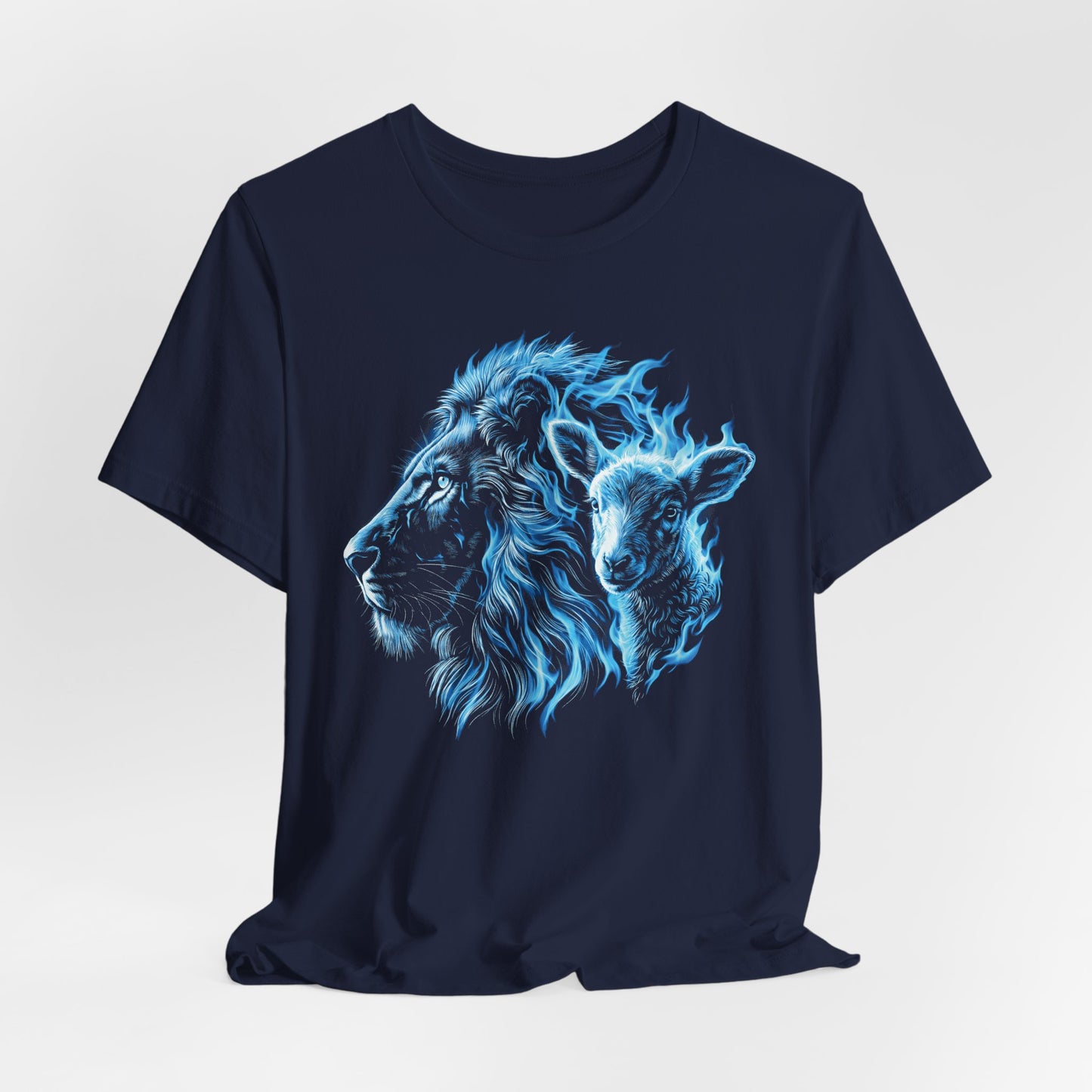 Blue Flame Lion T-Shirt — Lion & Lamb Neon Graphic Tee | Christian Gift UK