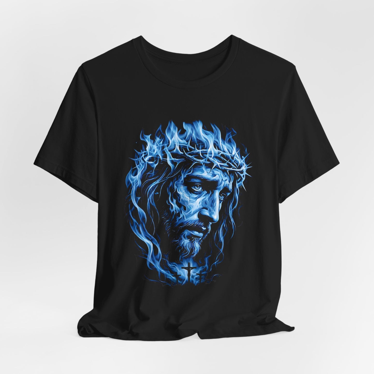 Jesus Portrait T-Shirt — Blue Flame Crown of Thorns | Christian Gift UK