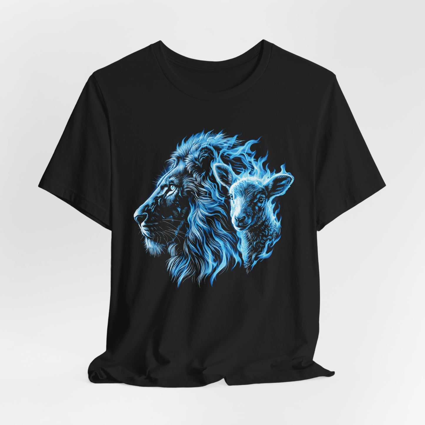 Blue Flame Lion T-Shirt — Lion & Lamb Neon Graphic Tee | Christian Gift UK