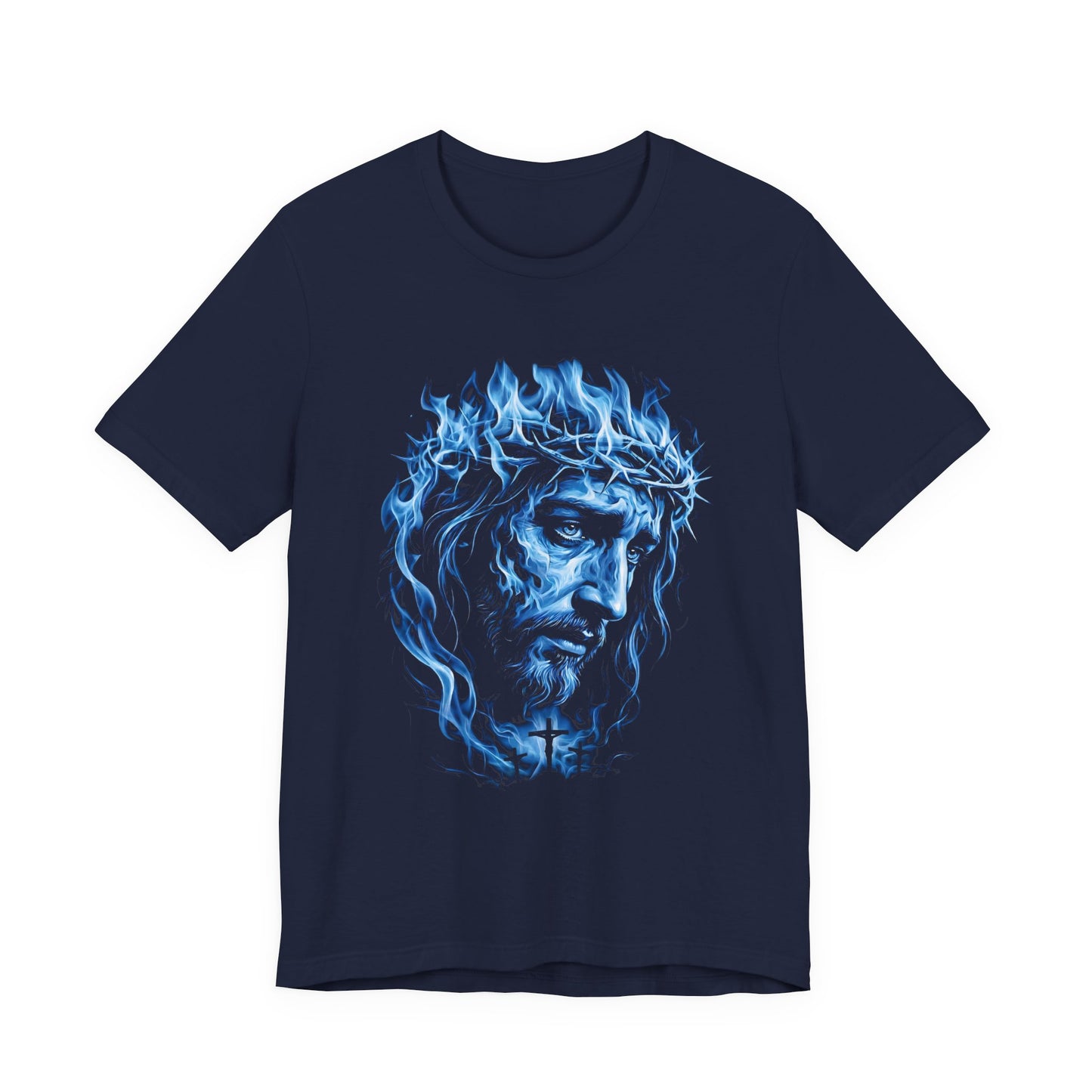 Jesus Portrait T-Shirt — Blue Flame Crown of Thorns | Christian Gift UK