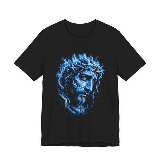 Jesus Portrait T-Shirt — Blue Flame Crown of Thorns | Christian Gift UK