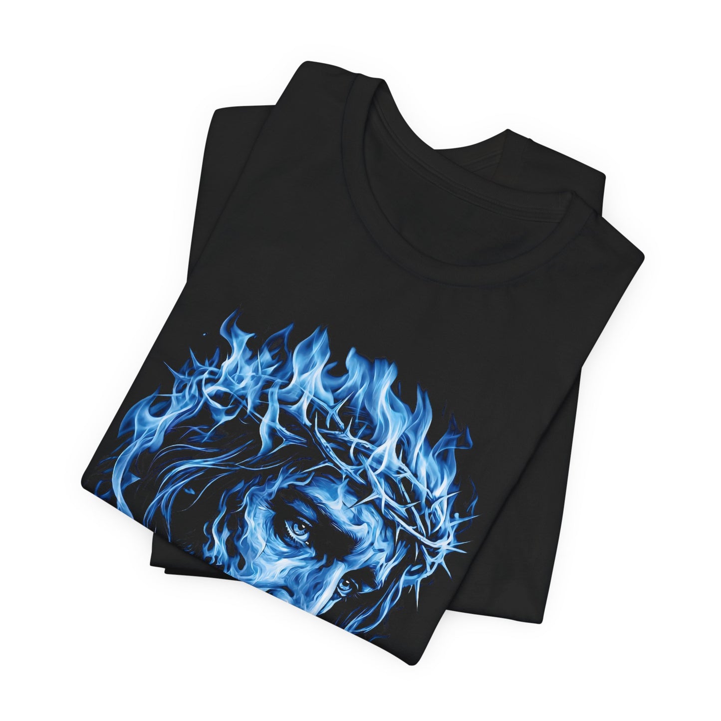 Jesus Portrait T-Shirt — Blue Flame Crown of Thorns | Christian Gift UK