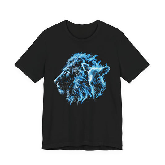 Blue Flame Lion T-Shirt — Lion & Lamb Neon Graphic Tee | Christian Gift UK