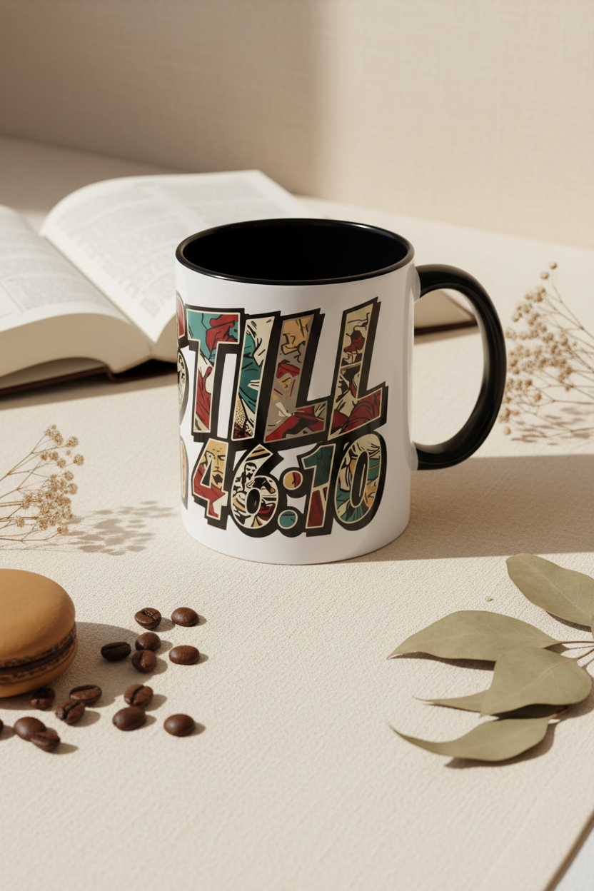 Be Still Mug — Flat-lay Pinterest Mockup