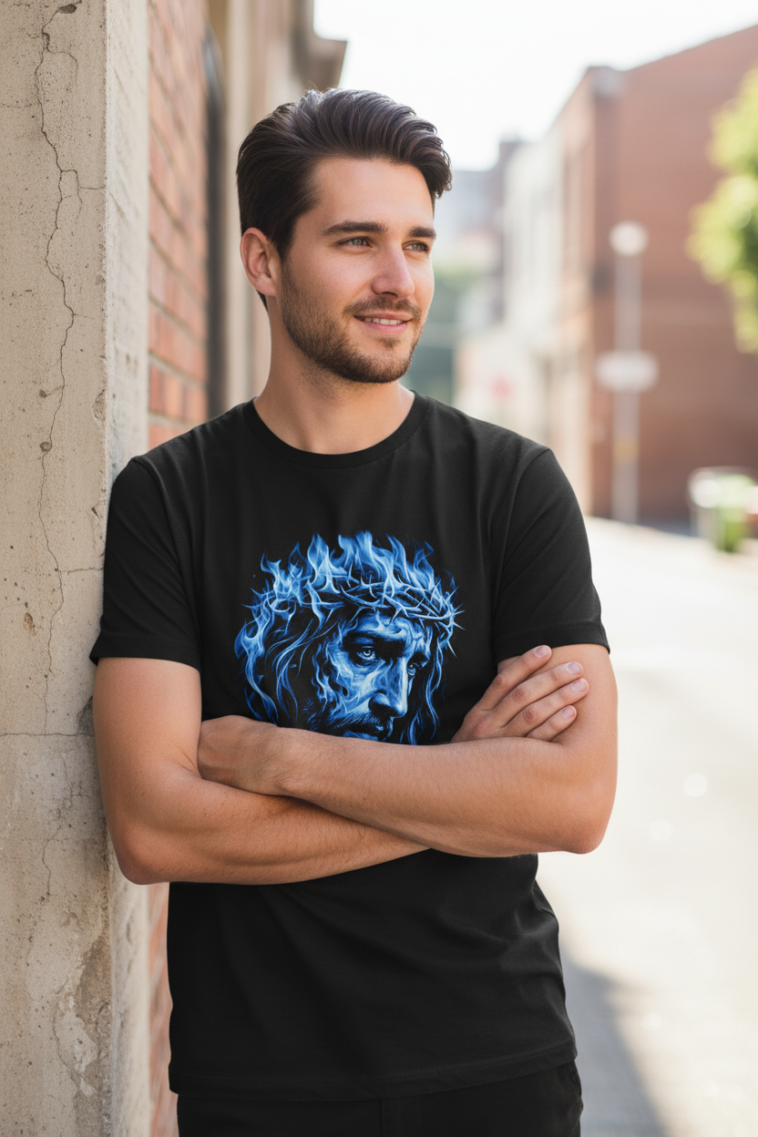 Male lifestyle mockup - Jesus Portrait T-Shirt blue flame crown of thorns