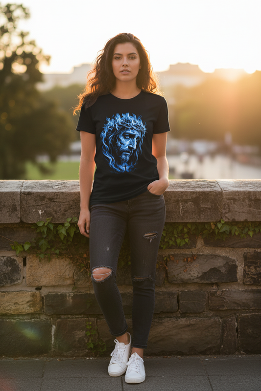 Female lifestyle mockup - Jesus Portrait T-Shirt blue flame crown of thorns