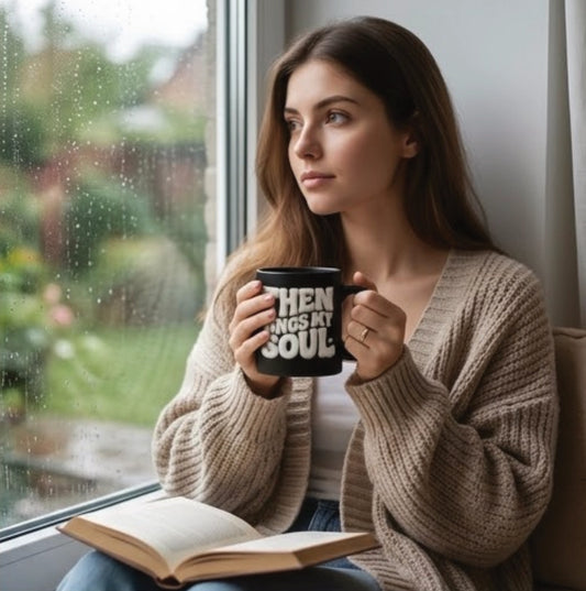 15oz Black Mug — "When The Soul Sings" Plush Lettering Coffee Cup